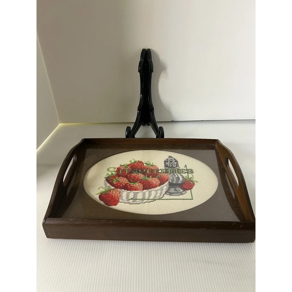 Vintage Needle‎ Point Strawberries Wooden Tray 13